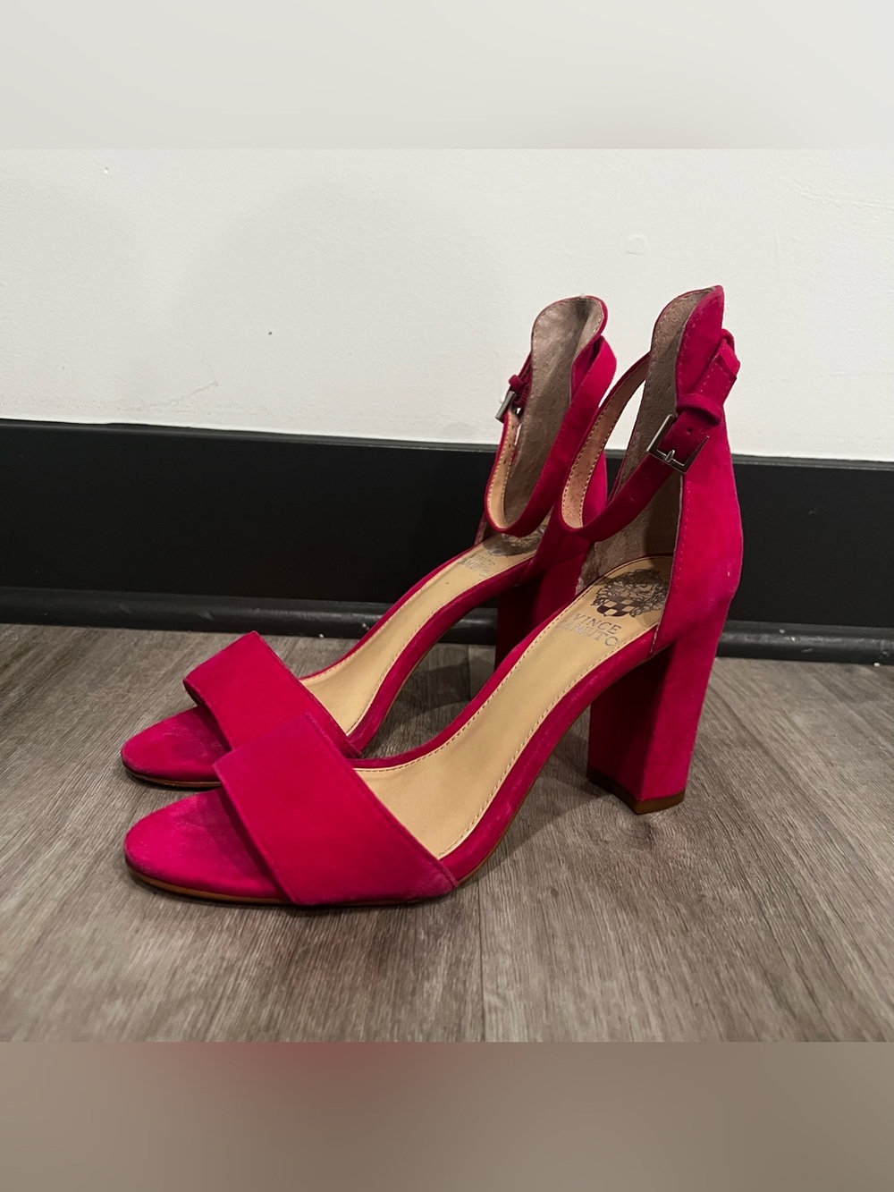Vince Camino Hot Pink Suede Block Heel with Ankle Strap